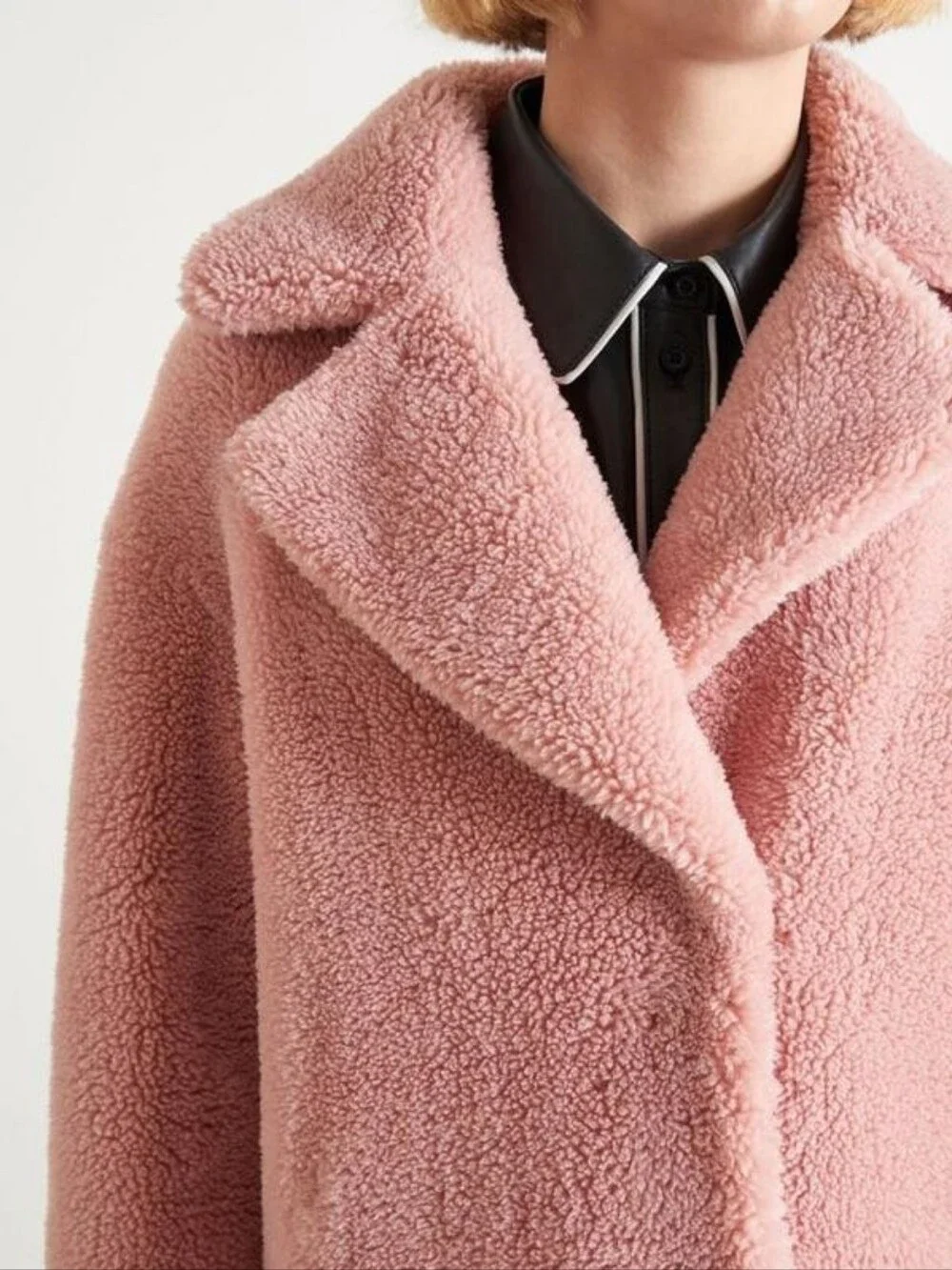 STAND STUDIO Camille Cocoon Teddy Coat Light Pink Faux Fur Designer Quiet Luxury